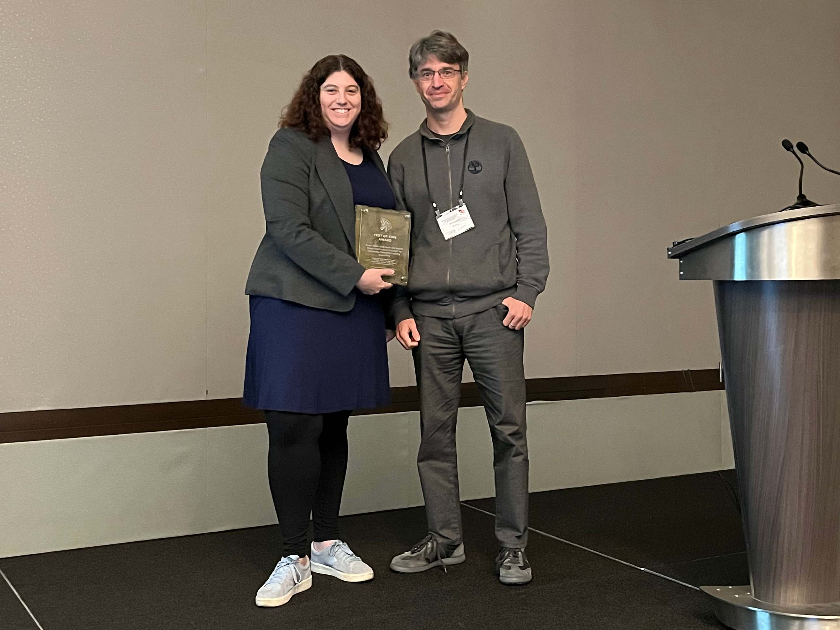 Carnegie Mellon Electrical and Computer Engineering alumna Michelle Mazurek accepts the ‘Test of Time’ award during the IEEE’s 44th Symposium on Security and Privacy.