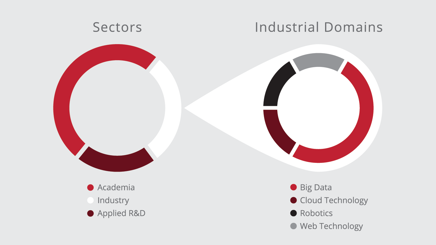 The image is a donut chart that represents different sectors and industrial domains. The chart is divided into two main parts. The first part represents sectors, which are further divided into three categories: Academia, Industry, and Applied R&D. The second part of the chart represents industrial domains, which are divided into four categories: Big Data, Cloud Technology, Robotics, and Web Technology.
